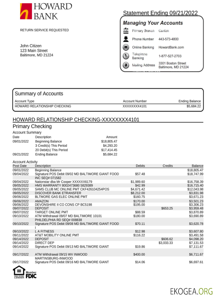 Modèle Word et PDF de relevé bancaire USA Howard template Modèle Word et PDF de relevé bancaire USA Howard template